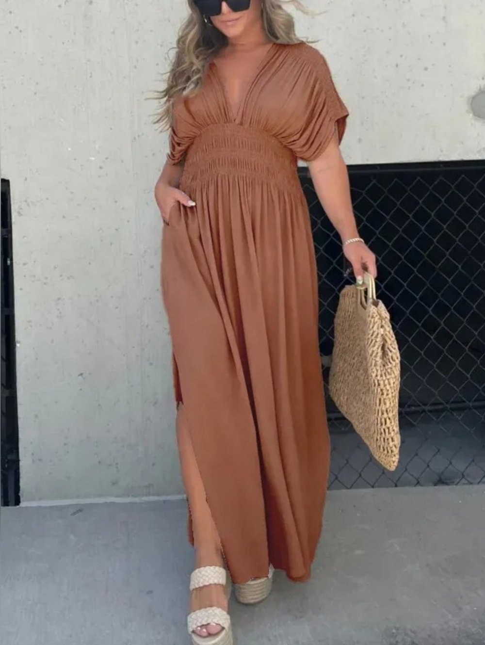 Rust Brown Smocked Maxi Dress - Women's Summer Dress With Slit- Full & Plus Size